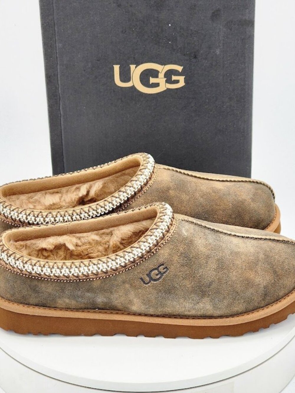 UGG Tasman Baxter Slippers Men’s Size 9 Chestnut Suede Shearling Clog - Picture 3 of 12